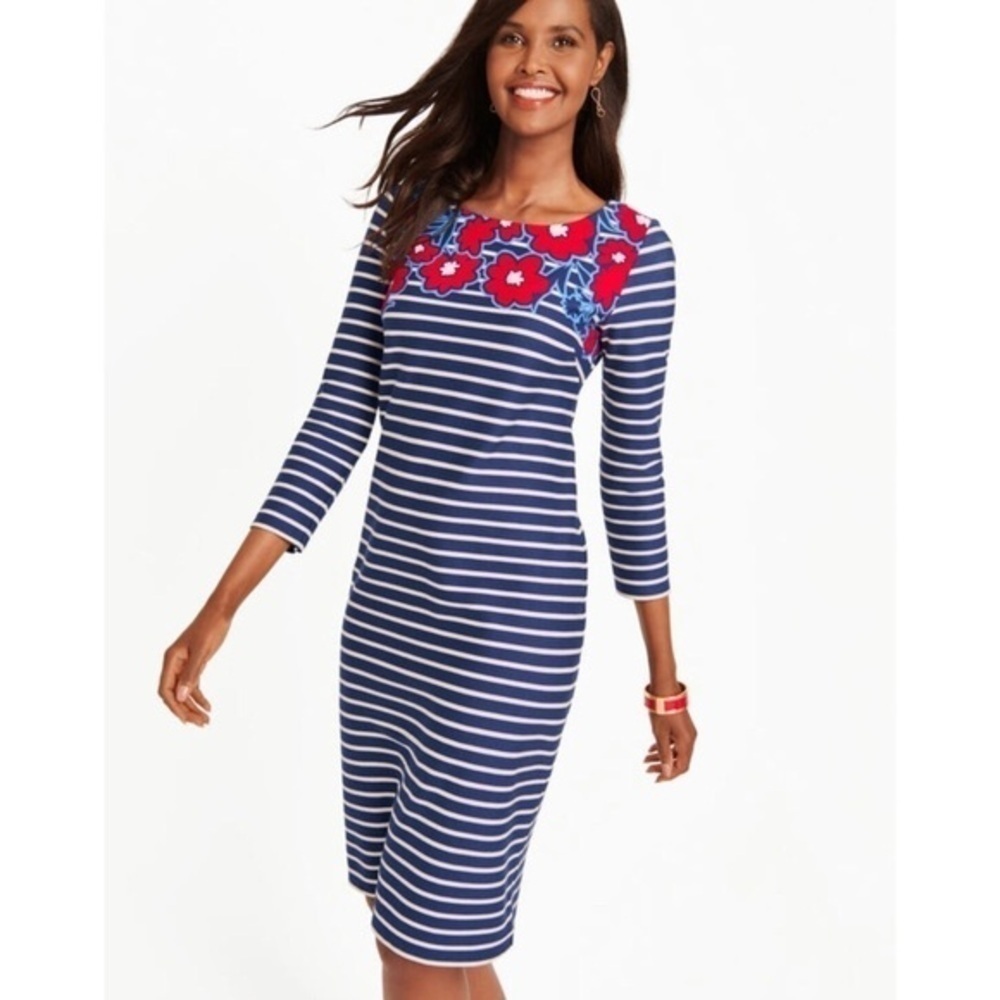Talbots Stripes and Flowers Shift Dress 3/4 Sleeve Jewel Neckline Cotton